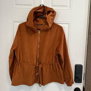 Shein Corduroy Hooded Cognac jacket Sweater w waist cinch